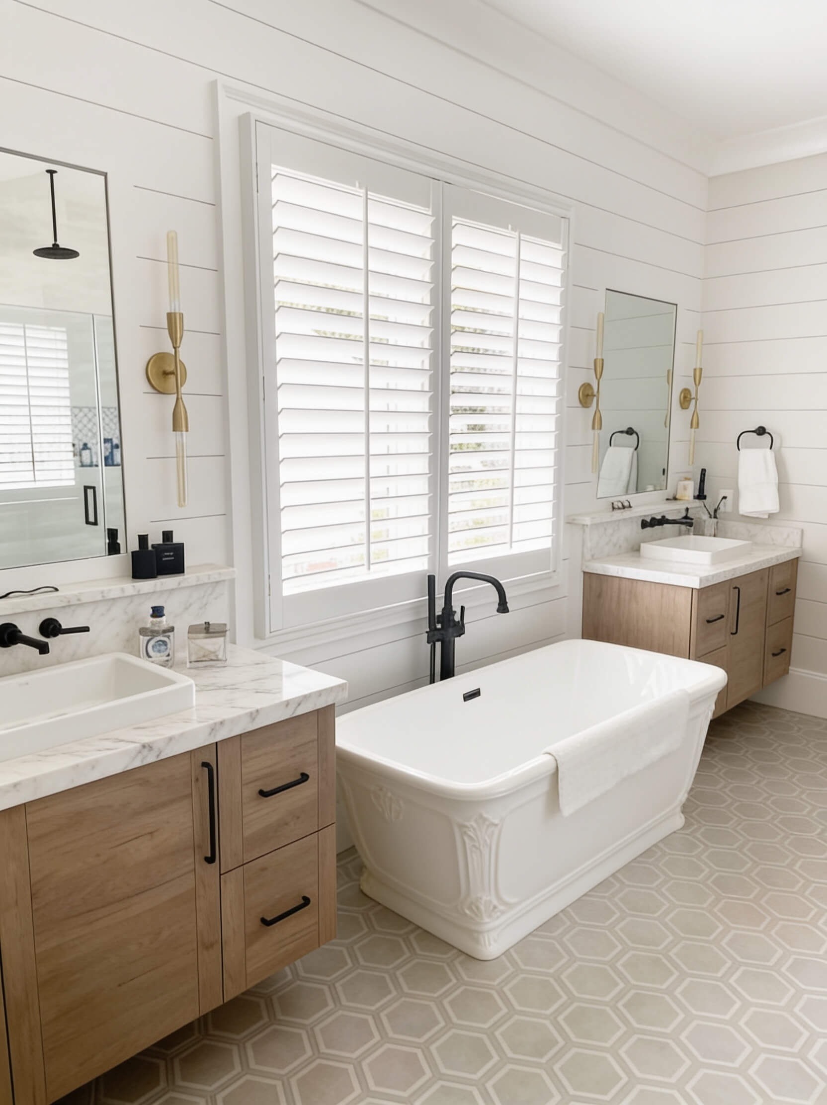 Full poly plantation shutters installed in a bright luxury bathroom