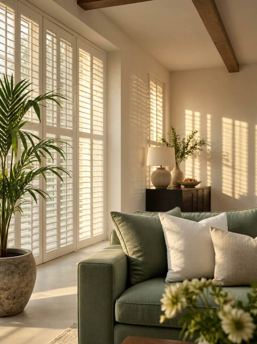 Hybrid plantation shutters installed in a luxury family room