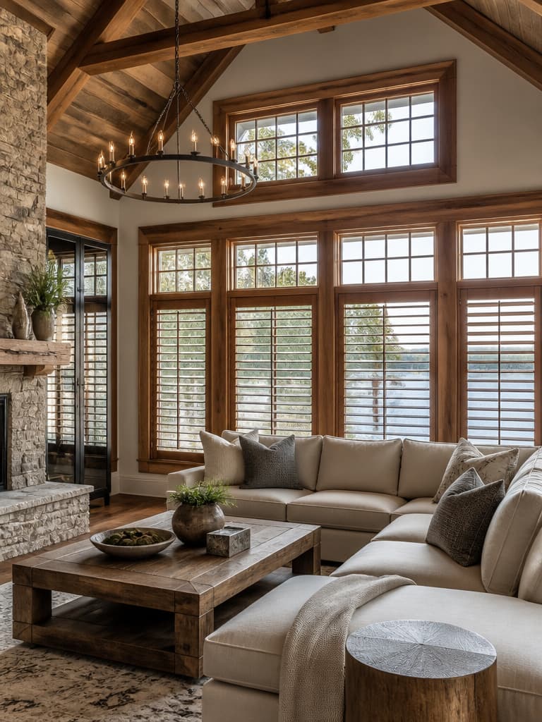 Poplar wood plantation shutters installed in a luxury Lake Norman living room